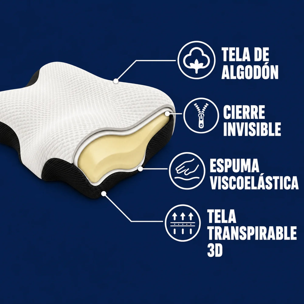 Almohada viscoelástica Noctura con espuma memory foam, funda de algodón transpirable y cierre removible.